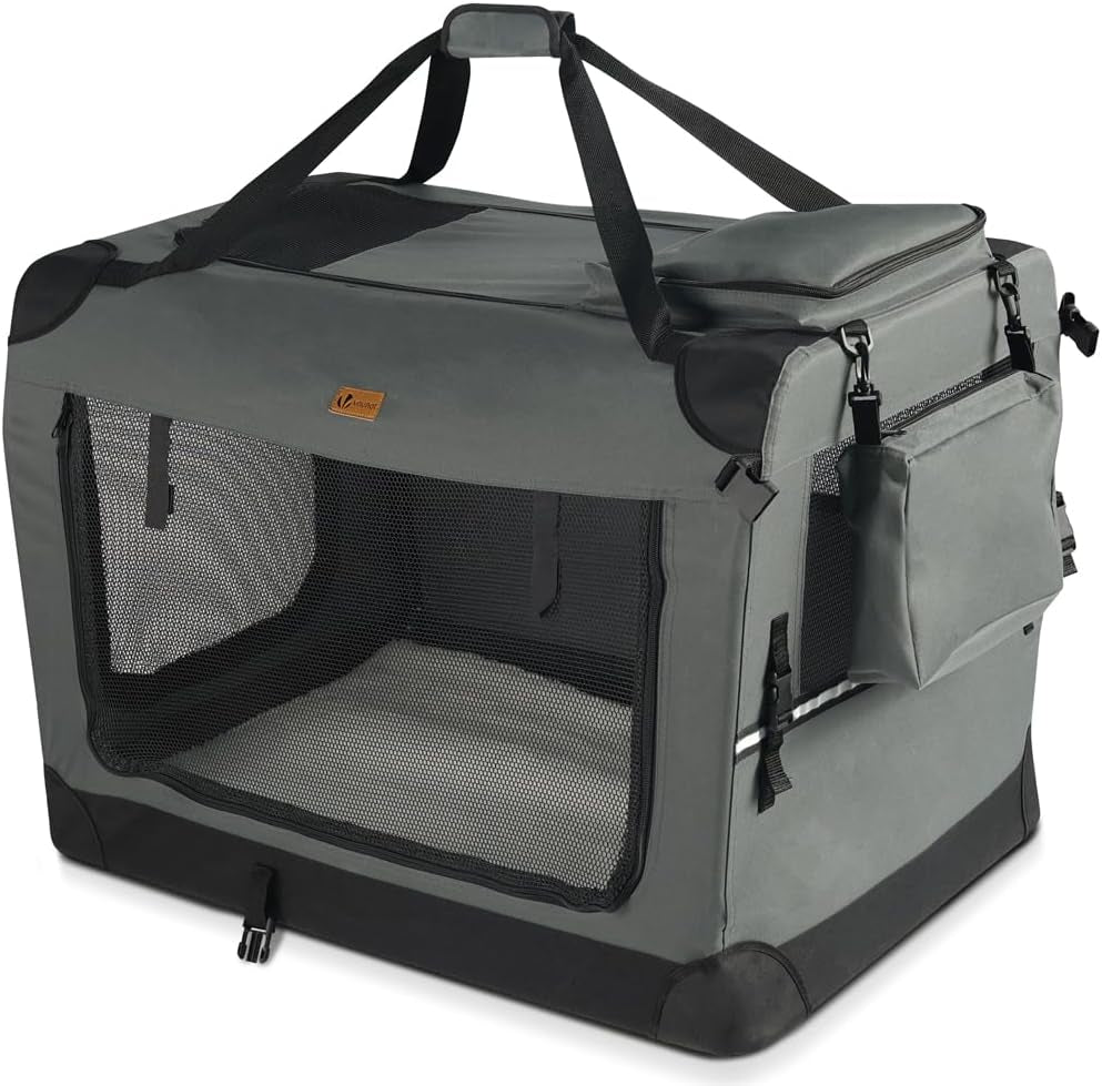 Dog Carrier XL, Foldable Pet Travel Transport Bag, Extra Large Portable Fabric Dog Crate W/Cushion, Grey