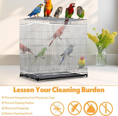 Bird Cage Cover, Adjustable, Ventilated, Soft Nylon Mesh Net, Seed Guard, Dustproof, Medium Size, White, Bird, Cage Cover, Accessories